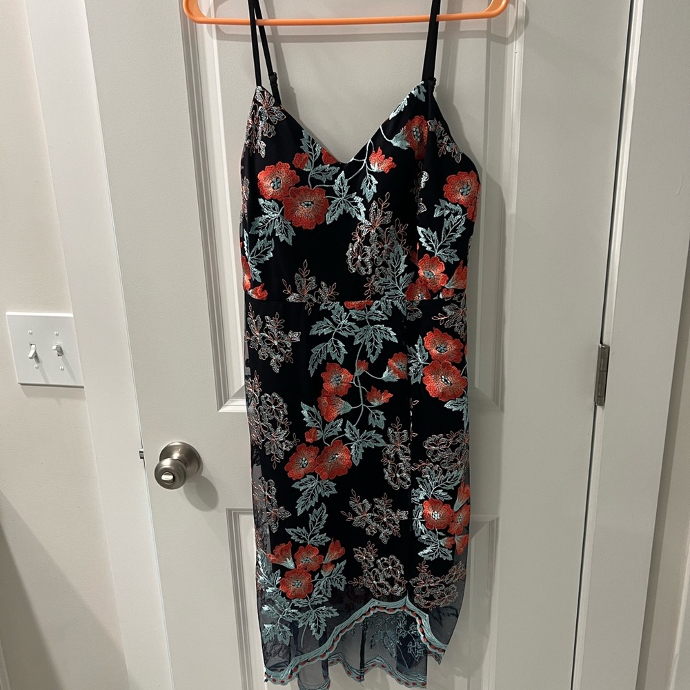 Floral lace Slip Dress with Coral and Aqua embroidery